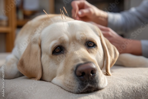 Dog Acupuncture Therapy: Golden Labrador Receives Holistic Treatment with Needles - Alternative Medicine, Pet Wellness, Calm Beige Background