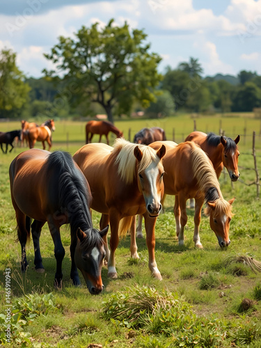 Rural horses graze on the collective farm field in the summer. photo
