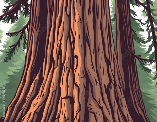 Majestic Redwood Tree Illustration, A Symbol Of Power. Detailed Bark, Highlighting The Beauty Of Ancient Forests, And Inspiring Awe. Nature Art.