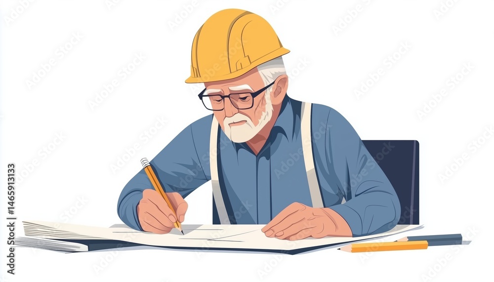 Experienced Architect Designing Construction Plans In Office, Utilizing Pencil And Ruler For Precise Drawings. Experienced Architect Designing Construction Plans In Office, Utilizing Pencil And Ruler For Precise Drawings.
