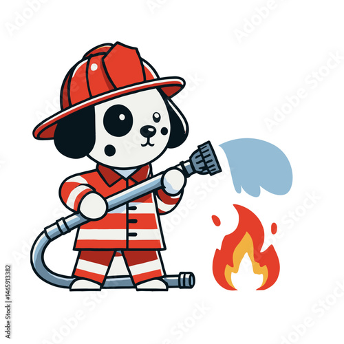 Cartoon Dog Firefighter in Red Uniform Extinguishing Fire with Hose Illustration
