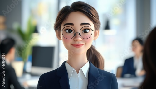 Young Attractive Asian Female Office Worker Smiling At Camera In Formal Business Suits With Blurry Colleagues Sitting In Office Background photo