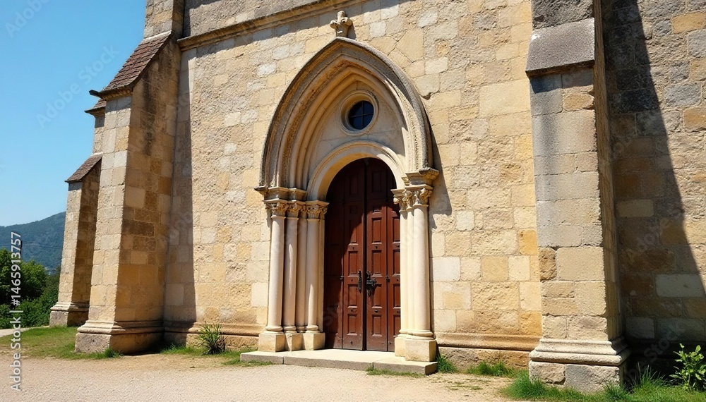 Fototapeta premium Ancient stone church exterior, weathered facade, catholic, sanctuary, old