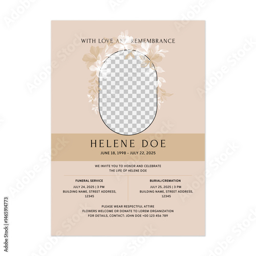 Floral funeral service invitation template features a translucent floral illustrations and an oval placeholder for a photo on a soft brown background. The overall tone is somber and respectful