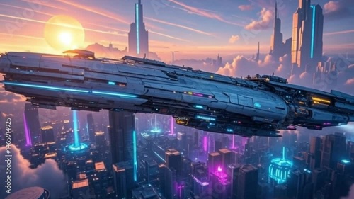 Spaceship of alien planet arrival descent sun megacity with clouds of glowing vibrant sci-fi  futuristic, cosmic, sky, world 4K video download