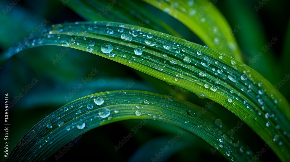 Macro shot of dewy grass blades with glistening water droplets and soft emerald green gradient background, shallow depth of field enhances natural freshness and purity in morning atmosphere