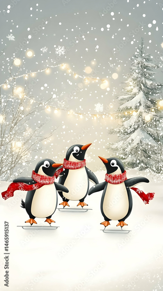 Fototapeta premium Two cartoon penguins dancing in the snow in a winter wonderland.