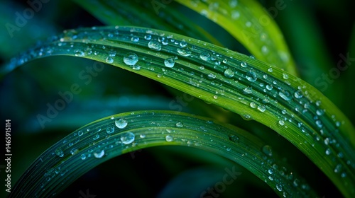Obraz na płótnie Macro shot of dewy grass blades with glistening water droplets and soft emerald green gradient background, shallow depth of field enhances natural freshness and purity in morning atmosphere w salonie