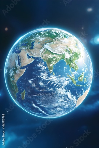 A vibrant Earth, glowing softly against a dark, starry backdrop, showcasing detailed landmasses and swirling cloud formations