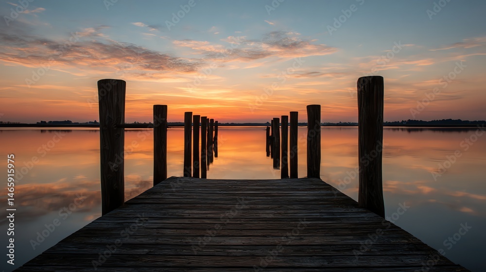 Obraz premium A tranquil sunset view over a dock with wooden pillars leading to the horizon, creating a serene and picturesque coastal landscape perfect for relaxation.