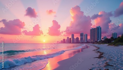 Pastel sunrise hues paint Miami Beach skyline, travel, landscape, coast