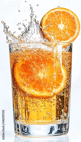 Sparkling orange beverage in a glass with splashing water and orange slices