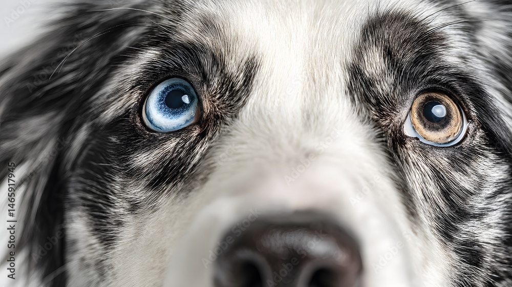 Close-up of intense and intelligent eyes of a blue merle border collie dog, isolated on a clean white background, with even studio lighting and detailed fur texture highlighting the expressive gaze