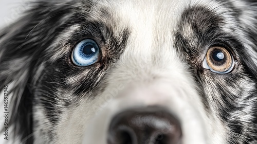 Obraz na płótnie Close-up of intense and intelligent eyes of a blue merle border collie dog, isolated on a clean white background, with even studio lighting and detailed fur texture highlighting the expressive gaze w salonie