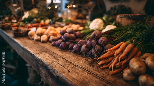 Rustic wooden table overflowing with colorful seasonal produce, featuring rich textures of fresh unprocessed vegetables illuminated by warm market stall lighting at a 45-degree angled composition