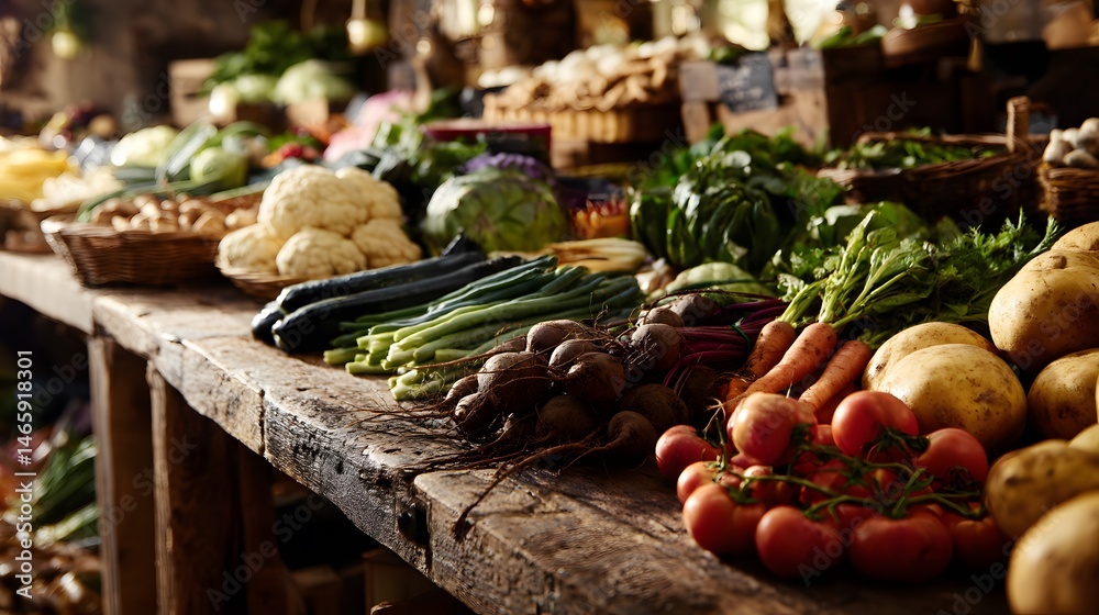 Rustic wooden table overflowing with colorful seasonal produce, featuring rich textures of fresh unprocessed vegetables illuminated by warm market stall lighting at a 45-degree angled composition