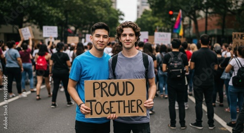 Two young adult men hold a 