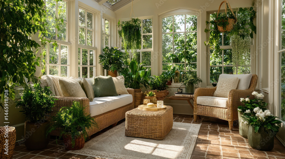 Fototapeta premium A cozy cottagecore living room with wicker furniture and lush green plants filling sunlit space creating warm and inviting atmosphere