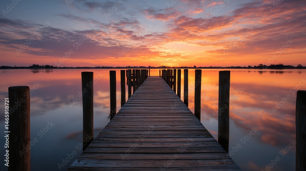 A tranquil sunset view over a dock with wooden pillars leading to the horizon, creating a serene and picturesque coastal landscape perfect for relaxation. A tranquil sunset view over a dock with wooden pillars leading to the horizon, creating a serene and picturesque coastal landscape perfect for relaxation.