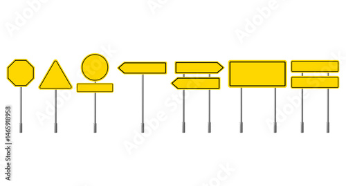 Realistic Yellow set of blank traffic sign boards directions. Yellow road traffic signs of different shapes. Set blank street signboards. 
