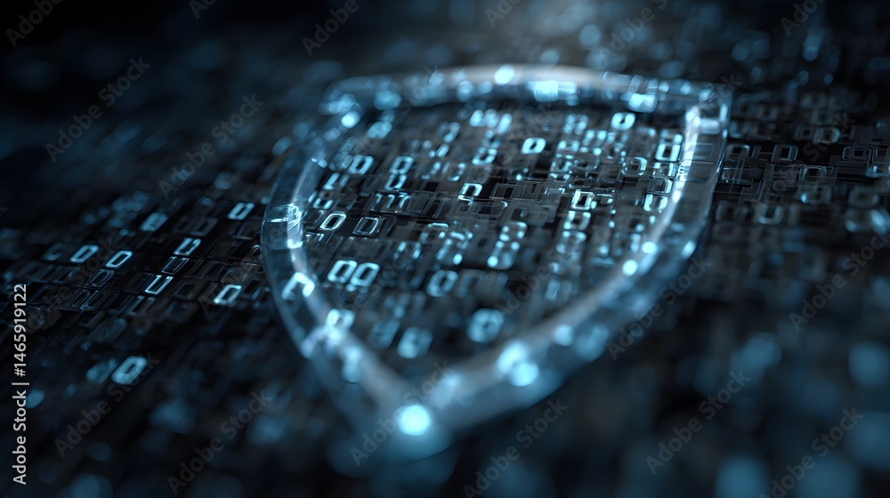 Futuristic abstract digital shield with glowing binary code patterns symbolizing cybersecurity and data protection, rendered in cool blue and silver tones under neon ambient lighting for modern tech