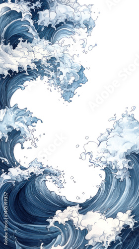 A wave with a white background. The wave is very large and has a lot of detail, including foam and spray. The mood of the painting is calm and peaceful, as the wave appears to be gently rolling in