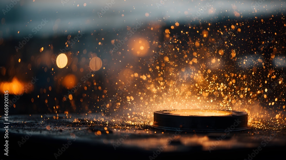 Close-up of industrial metal part with sparks flying under dramatic side lighting, shallow depth of field, and warm factory ambiance in background. Concept of engineering, manufacturing