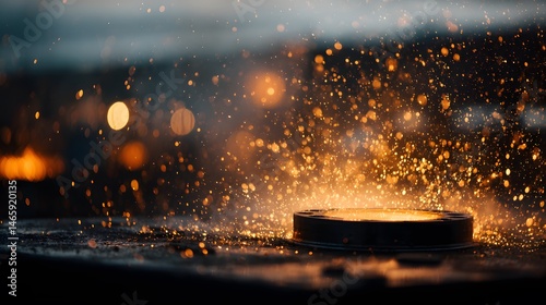 Obraz na płótnie Close-up of industrial metal part with sparks flying under dramatic side lighting, shallow depth of field, and warm factory ambiance in background. Concept of engineering, manufacturing w salonie