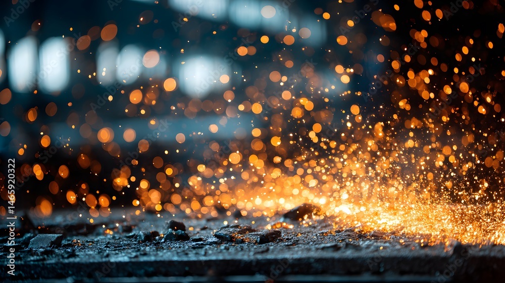 Close-up of industrial metal part with sparks flying under dramatic side lighting, shallow depth of field, and warm factory ambiance in background. Concept of engineering, manufacturing