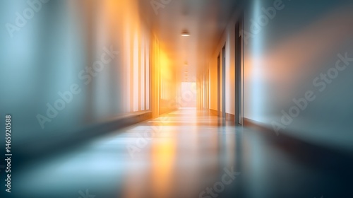 Obraz na płótnie Abstract blurred view of minimalist medical corridor with soft lighting and clean modern architecture, featuring ambient gradient glow and shallow depth of field for healthcare and wellness concept w salonie