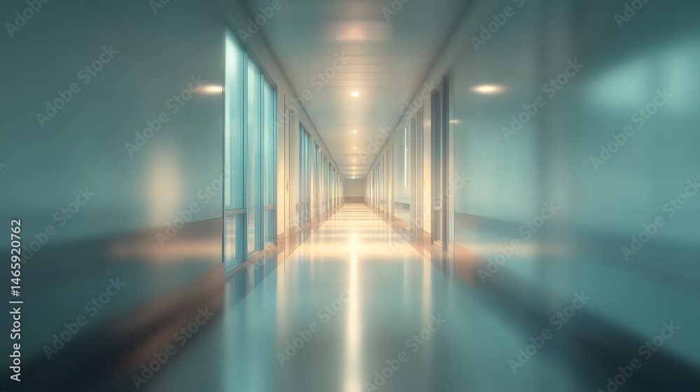 Abstract blurred view of minimalist medical corridor with soft lighting and clean modern architecture, featuring ambient gradient glow and shallow depth of field for healthcare and wellness concept
