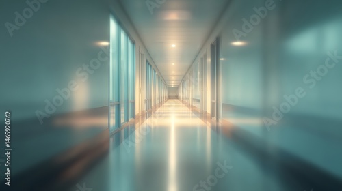 Abstract blurred view of minimalist medical corridor with soft lighting and clean modern architecture, featuring ambient gradient glow and shallow depth of field for healthcare and wellness concept