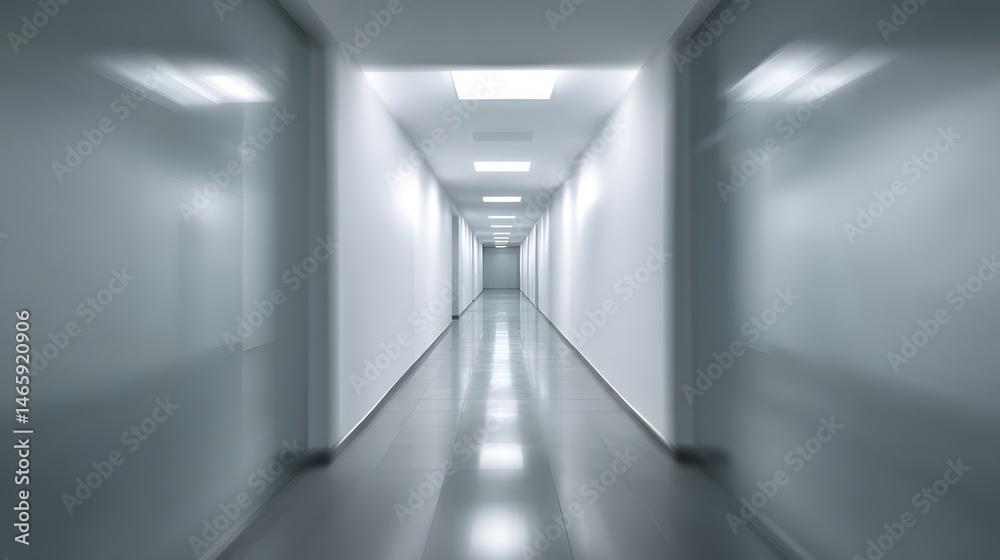 Abstract blurred view of minimalist medical corridor with soft lighting and clean modern architecture, featuring ambient gradient glow and shallow depth of field for healthcare and wellness concept