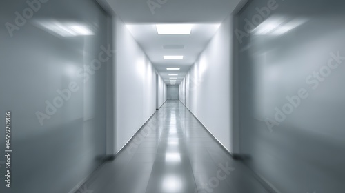 Obraz na płótnie Abstract blurred view of minimalist medical corridor with soft lighting and clean modern architecture, featuring ambient gradient glow and shallow depth of field for healthcare and wellness concept w salonie