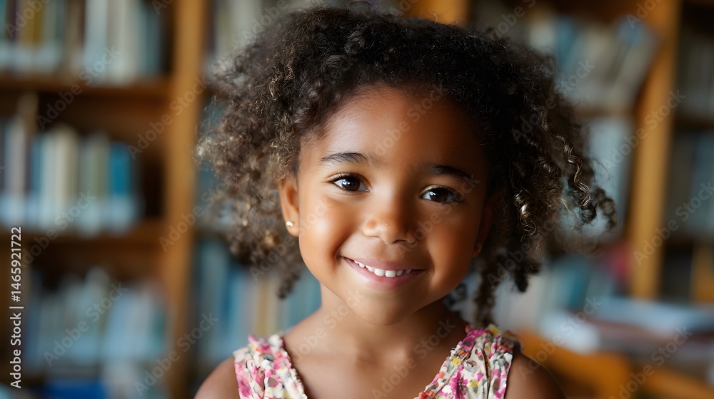 Smiling child with warm expression in head and shoulders portrait, sitting in cozy library setting with softly focused bookshelf background and gentle window lighting, captured soft detail