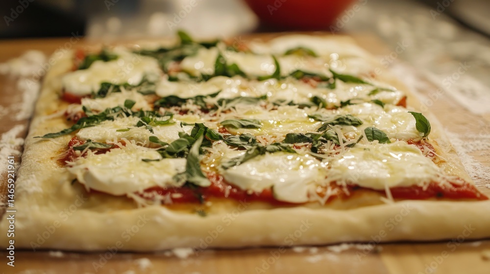 Pizza in preparation, topped with fresh mozzarella, tomato sauce, basil, and parmesan cheese Pizza in preparation, topped with fresh mozzarella, tomato sauce, basil, and parmesan cheese