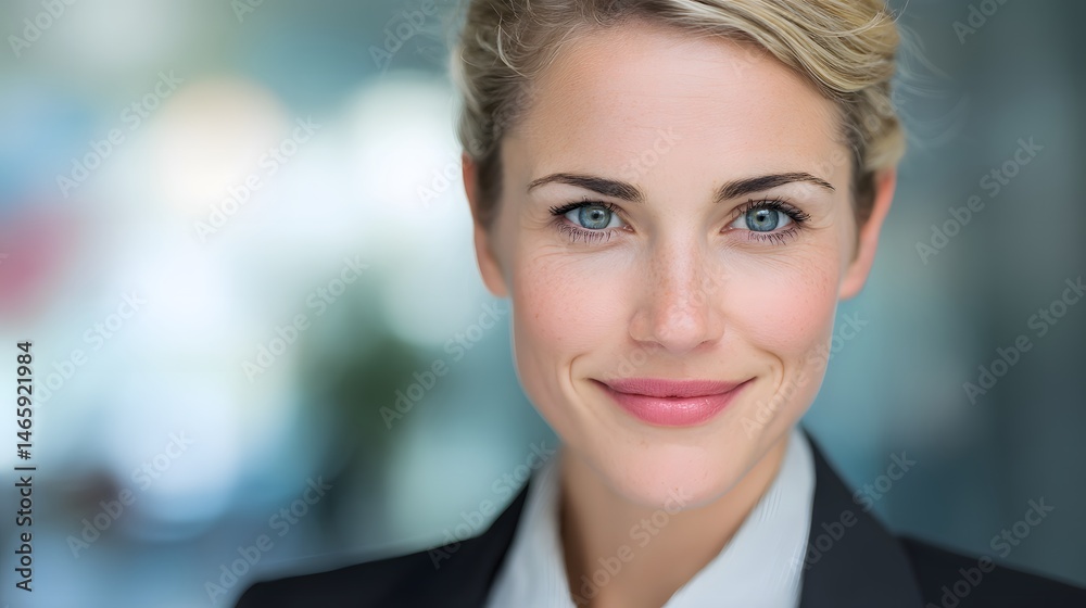 Confident business professional with focused expression in formal attire, head and shoulders portrait using soft left studio lighting, set against blurred corporate office background for leadership
