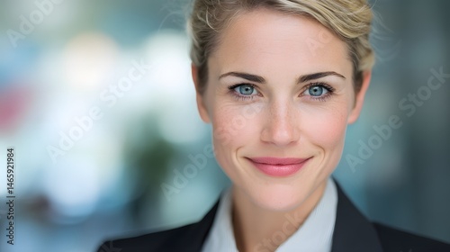 Obraz na płótnie Confident business professional with focused expression in formal attire, head and shoulders portrait using soft left studio lighting, set against blurred corporate office background for leadership w salonie