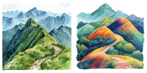 view from top of mountain watercolor vector illustration