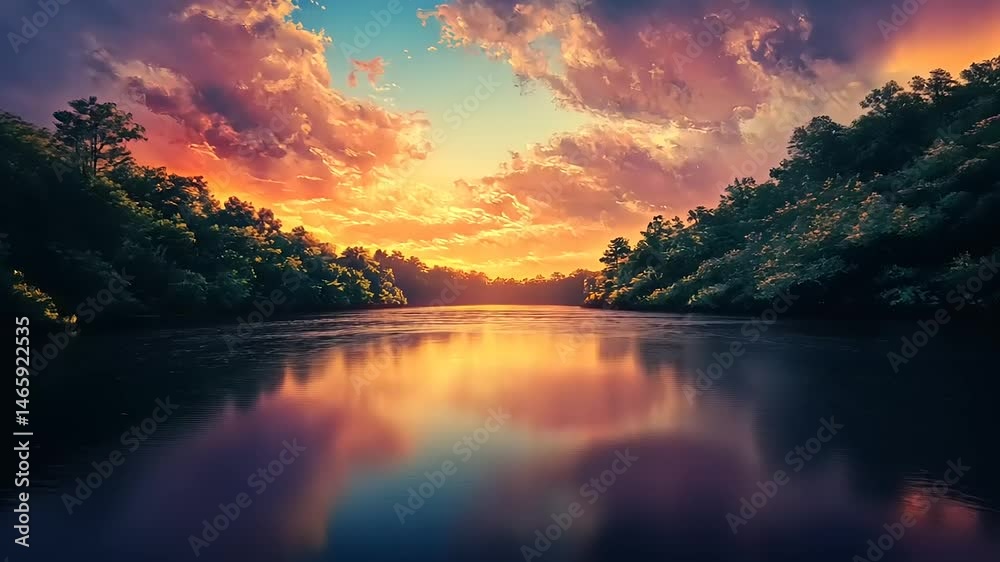 Serene sunset over a tranquil river reflecting vibrant clouds and lush greenery along the banks