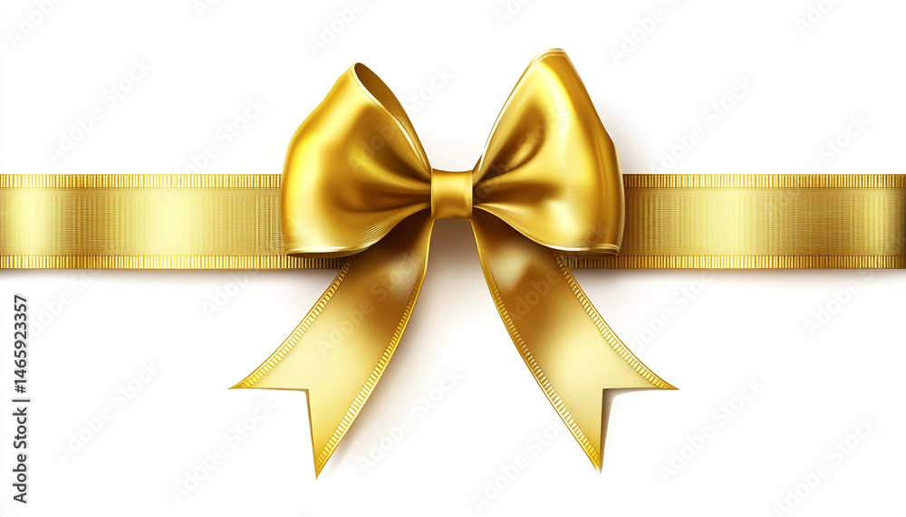 A shiny gold bow is centered on a matching horizontal ribbon against a white background. A shiny gold bow is centered on a matching horizontal ribbon against a white background.