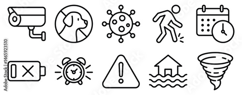 Alert and Warning Icon Set Line Style Collection representing caution signals and emergency notifications suitable for safety systems security apps and risk management platforms