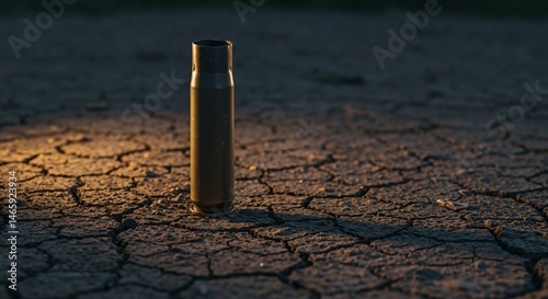 Single spent bullet casing standing upright on severely cracked dry ground under dramatic sunset or sunrise light