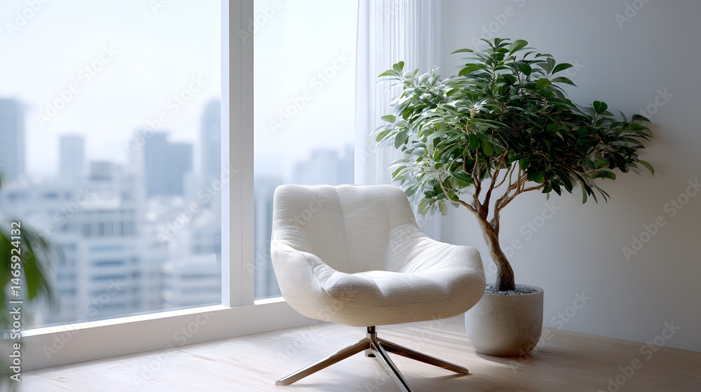 Modern minimalist office corner featuring an ergonomic chair and lush potted plant, illuminated by soft natural light from a large window with blurred urban cityscape in background, serene workspace
