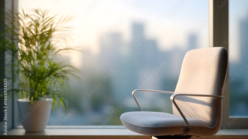 Modern minimalist office corner featuring an ergonomic chair and lush potted plant, illuminated by soft natural light from a large window with blurred urban cityscape in background, serene workspace