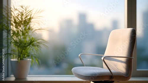 Obraz na płótnie Modern minimalist office corner featuring an ergonomic chair and lush potted plant, illuminated by soft natural light from a large window with blurred urban cityscape in background, serene workspace w salonie