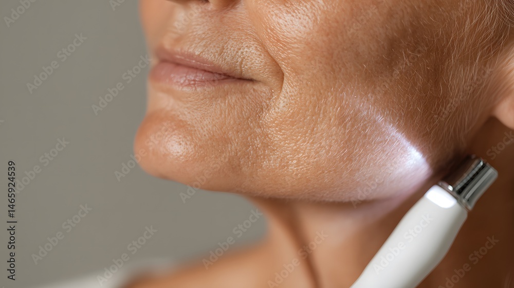 Close-up view of translucent aging skin with glowing light beams gently penetrating surface layers, symbolizing skincare rejuvenation, with blurred dermatology instruments in soft clinical background