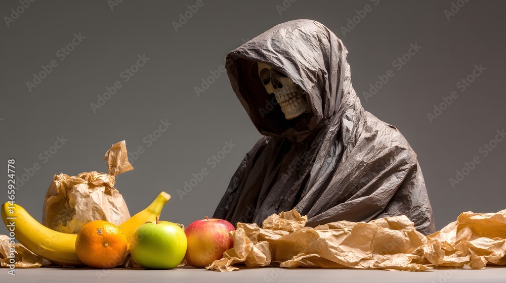 Conceptual metaphor of processed food packaging unraveling into a dark grim reaper’s cloak with decaying fruits and vegetables behind, symbolizing health risks, mortality, and dangers of poor