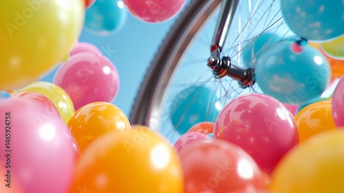 Bicycle Wheel Among Colorful Balloons Against Blue Sky Background