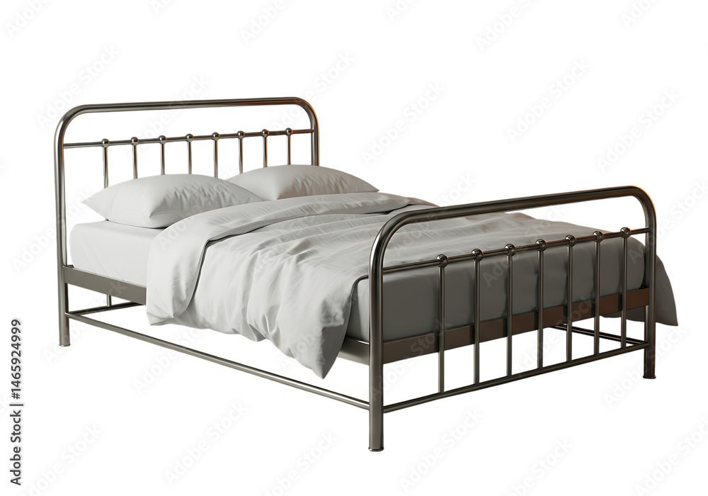 Fototapeta premium Modern Stainless Steel Bed Frame with Crisp White Linen Sheets – Minimalist Design